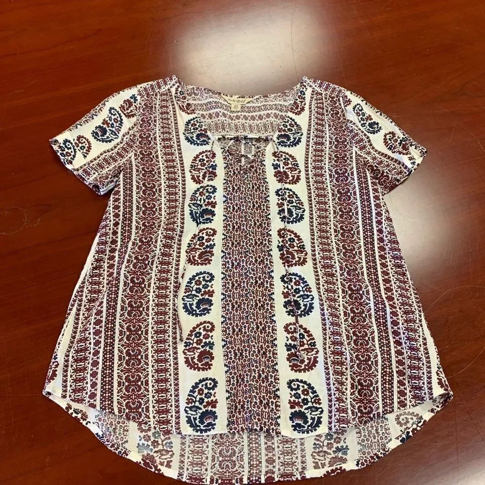 Lucky Brand Lace Up Printed Blouse sz XS EUC